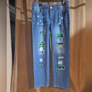 Distressed Loose Fit Christmas Grinch Jeans sz L
